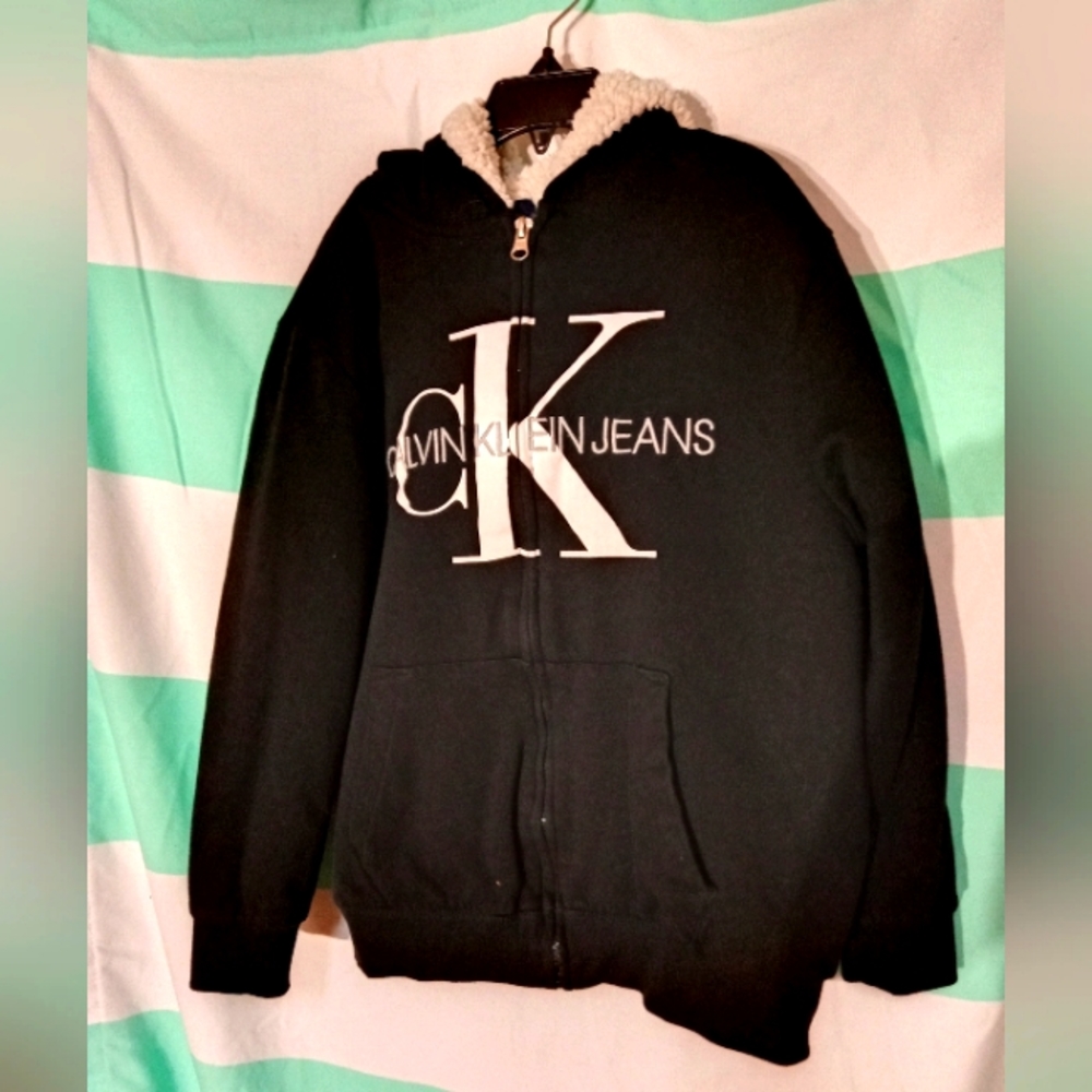 Calvin Klein Jeans Boys Black Wool Heavy Soft Jacket With Hood Boys Medium 10-12